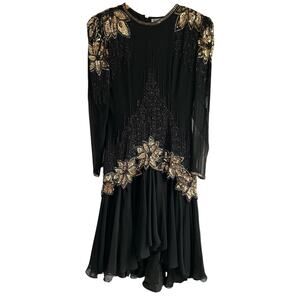 VTG Black Tie Size 4 Beaded Sequined Black & Gold Flitter Hem Midi Evening Dress